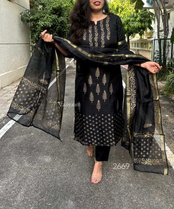 Black Gold print Kota doria Suit Sets