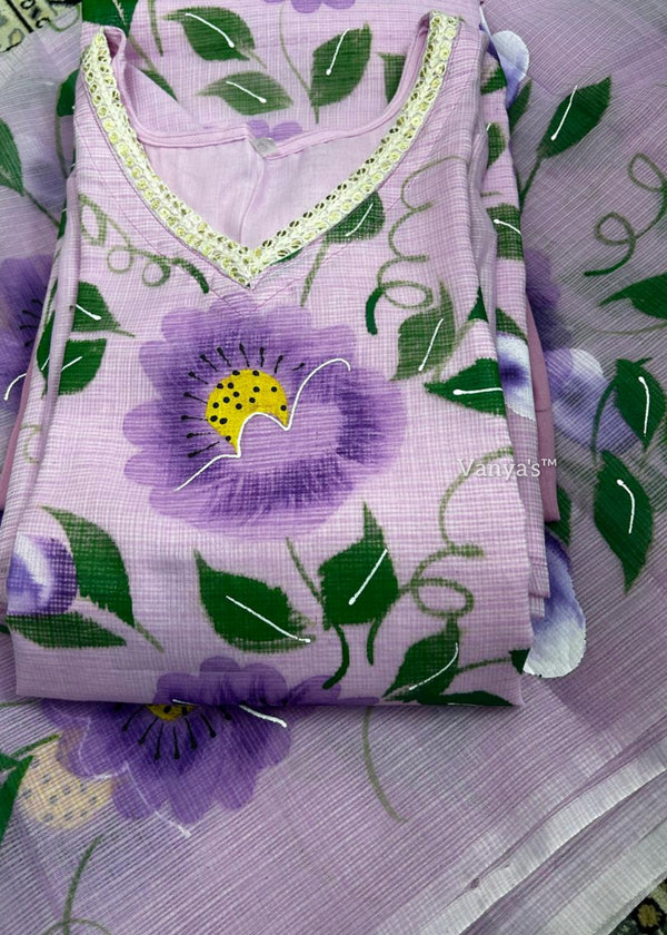 Hand Brush Kota Doria Suit Sets- Lavender