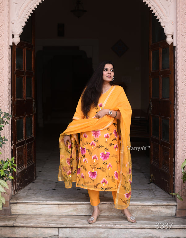 Hand Brush Kota Doria Suit Sets- Yellow