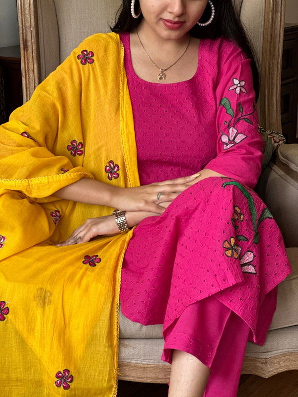 Pink Schiffle cotton with lining suits sets