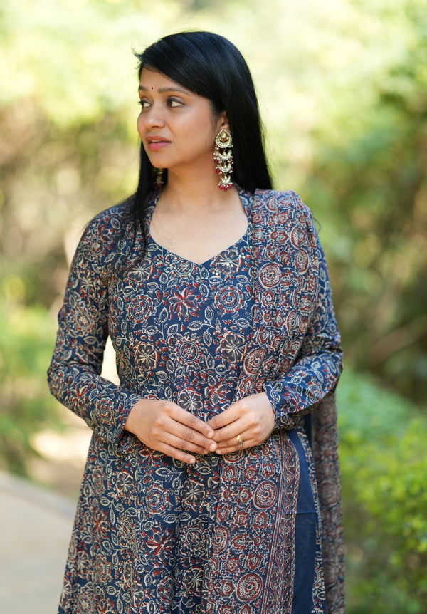 Manjiri Ajrak Cotton Anarkali Suit Sets- Blue