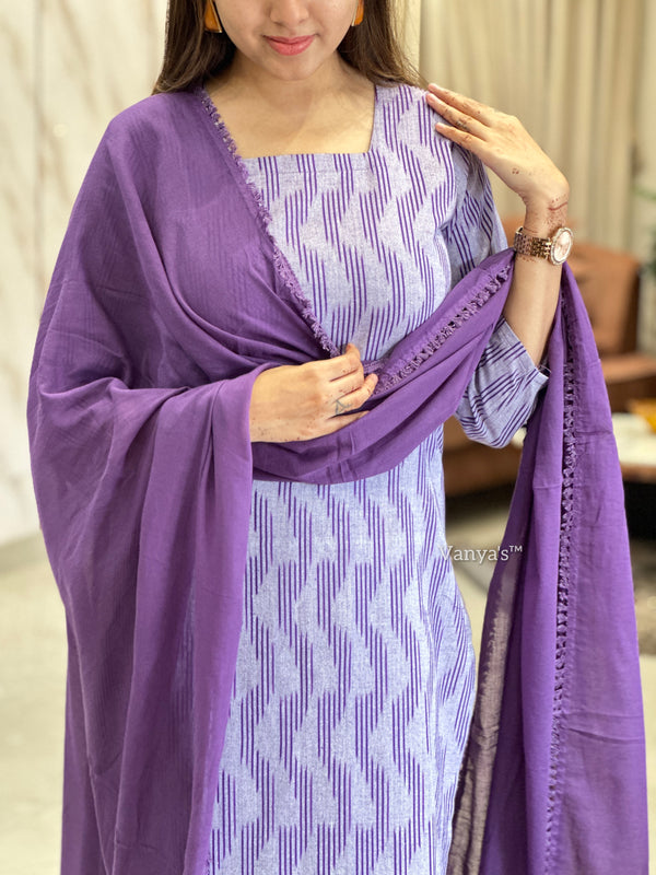 Lavender ikkath handloom breeze cotton suit- Buy1Get1