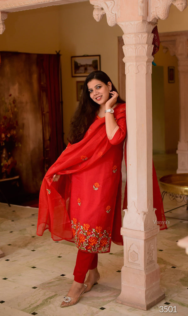 Savitri Red Kota Doria Embriodery Suit Sets