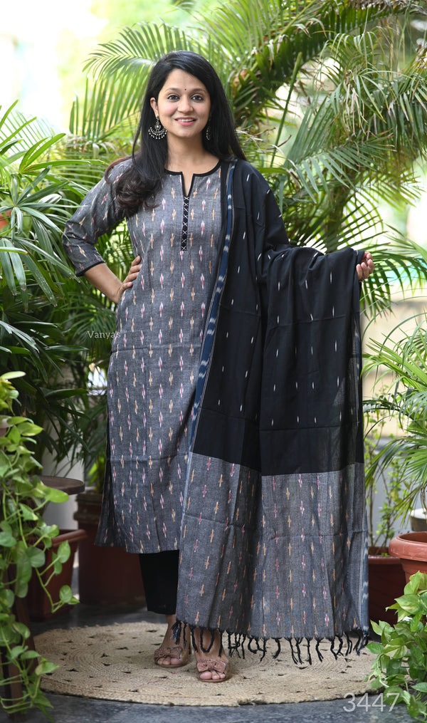 Gauri Grey Ikkat Kurta Suit Set