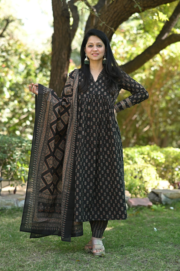 Mehnisha Alia black Ajrak Anarkali Suit Sets