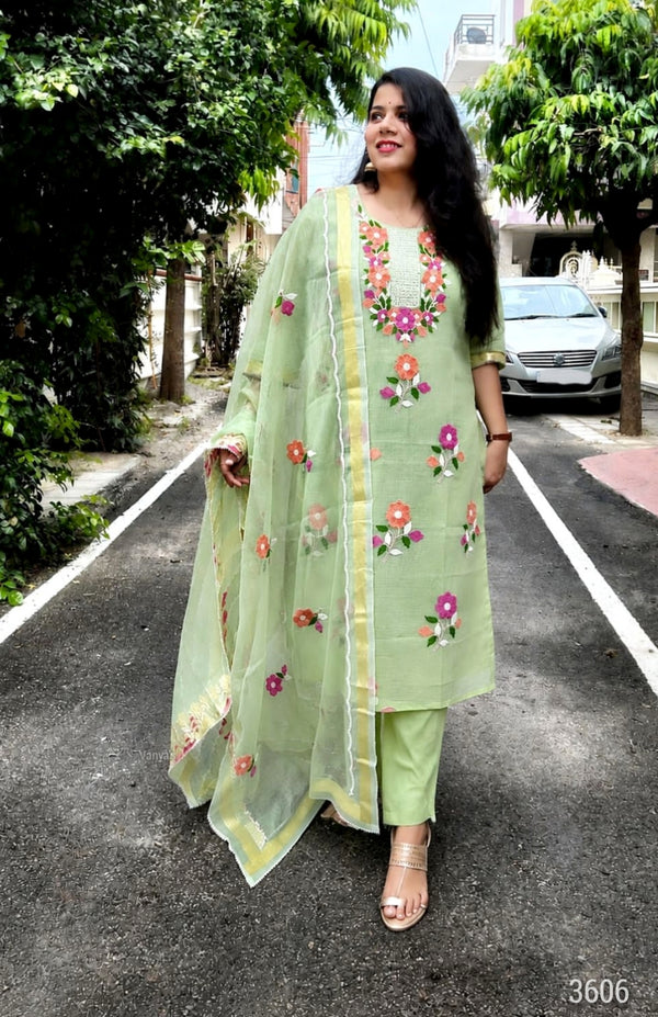Phulwari Embroidery Kota Doria Suit- Mint and Cream