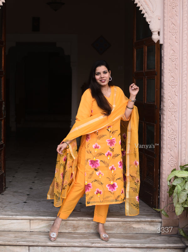 Hand Brush Kota Doria Suit Sets- Yellow