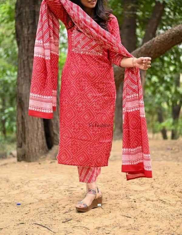 Red bandhej cotton embroidery suits sets-Buy1Get1 offer