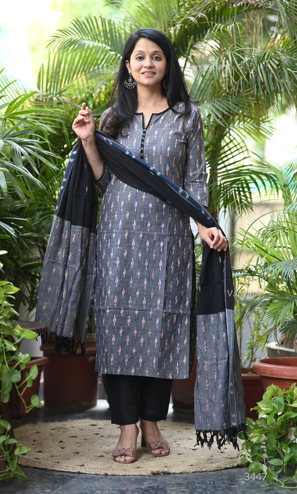 Gauri Grey Ikkat Kurta Suit Set