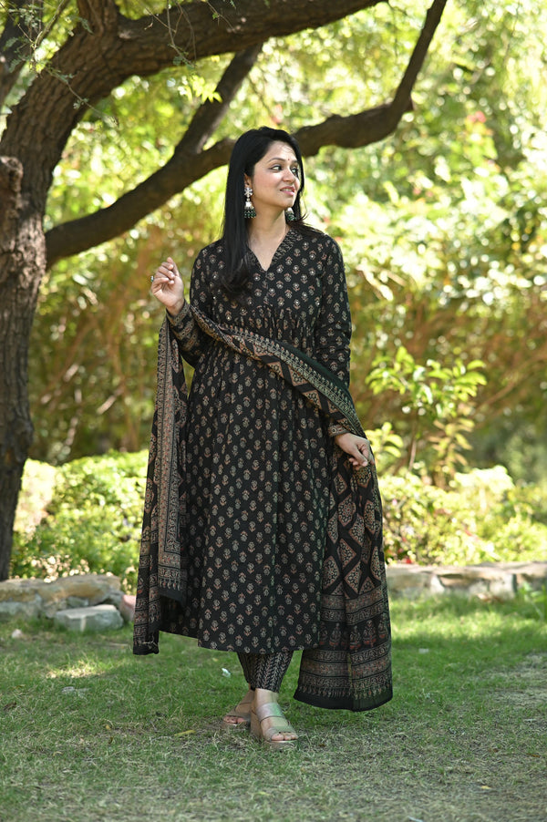 Mehnisha Alia black Ajrak Anarkali Suit Sets