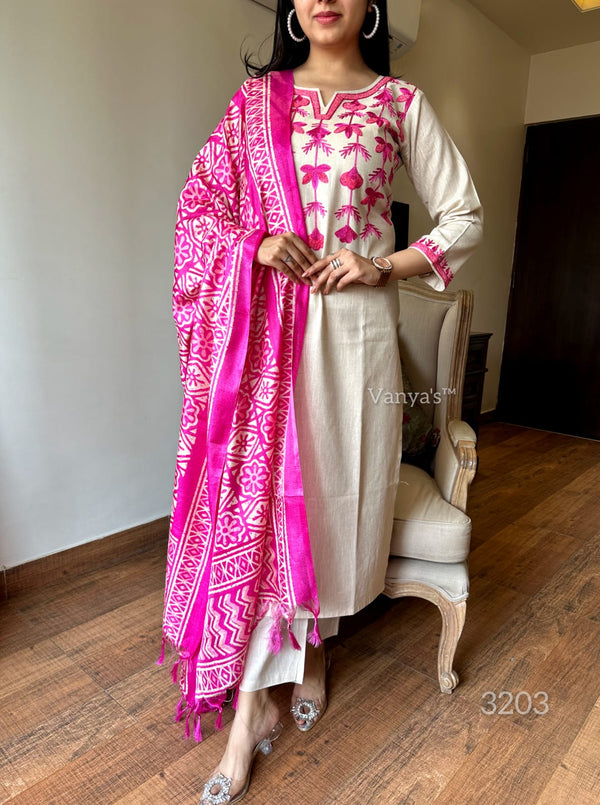 Khadi cotton embroidery suit sets-Buy1Get1 pink