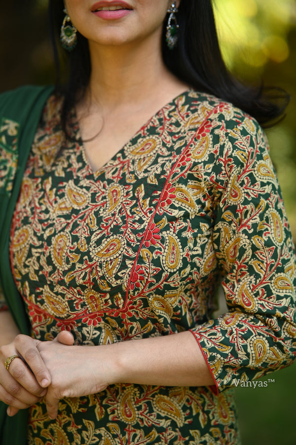 Saavi Ajrak Green Cotton Suit Sets