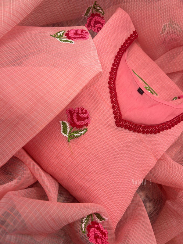 Kavitri Red Kota Doria Embroidery Suit Sets