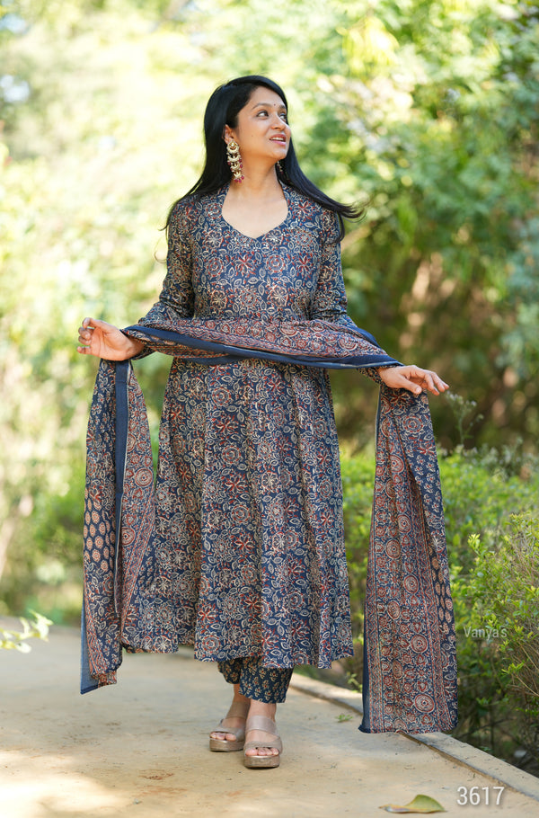 Manjiri Ajrak Cotton Anarkali Suit Sets- Blue