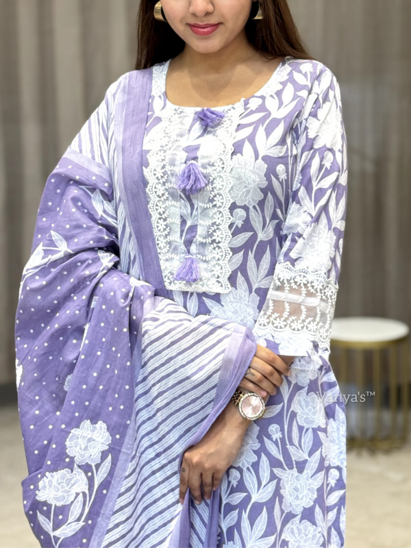 Tharuni Lavender White Organza Schiffli Lace Suit Set