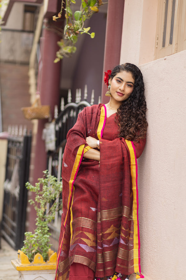 Mahul ⭐Premium Pure Linen Jamdani Suit Set