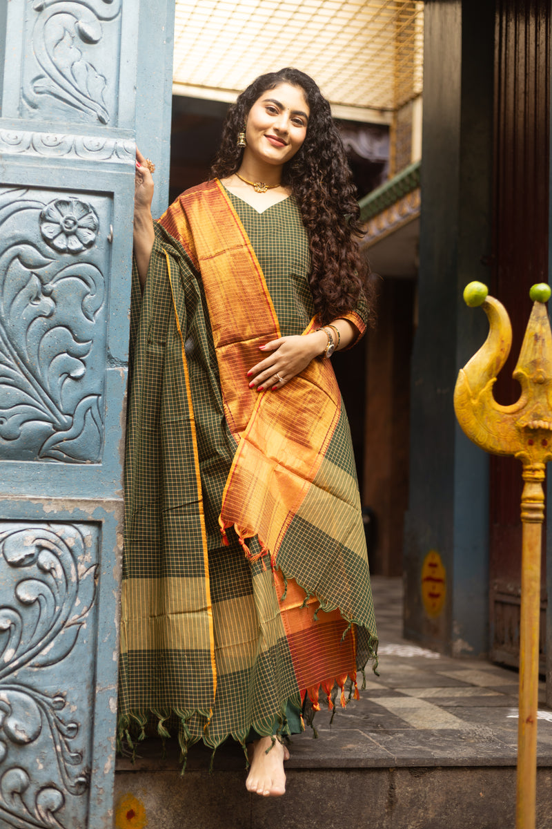 ✨PattuPaavai Kanchi Cotton Checks – Rust Olive Edition ✨