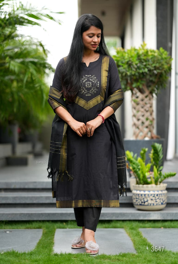 Manglagiri kollam south cotton black suit with lining