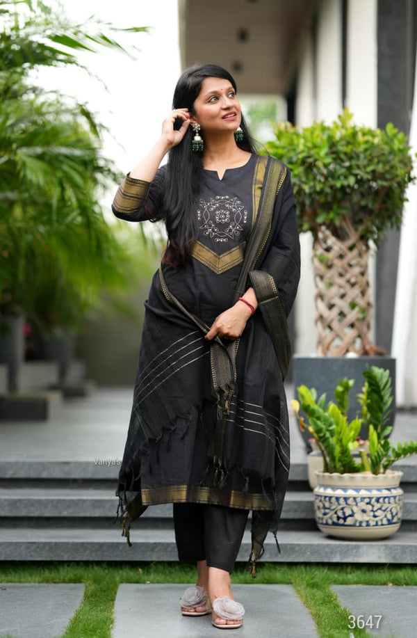 Manglagiri kollam south cotton black suit with lining