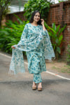 🌿 Aaravi – The Calm Bloom rap Yourself in Nature-Inspired Elegance Handblock Suit 🌿