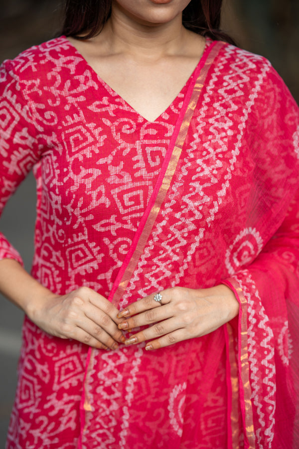 Ranjani Bagru Hand Block Kota Doria Golden Zari Border Suit Sets