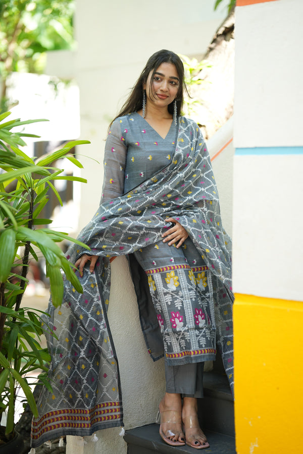 Grey Woven Grace Bloom Jamdani Charm