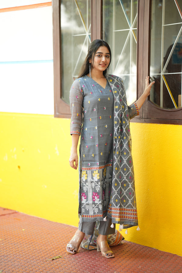 Grey Woven Grace Bloom Jamdani Charm