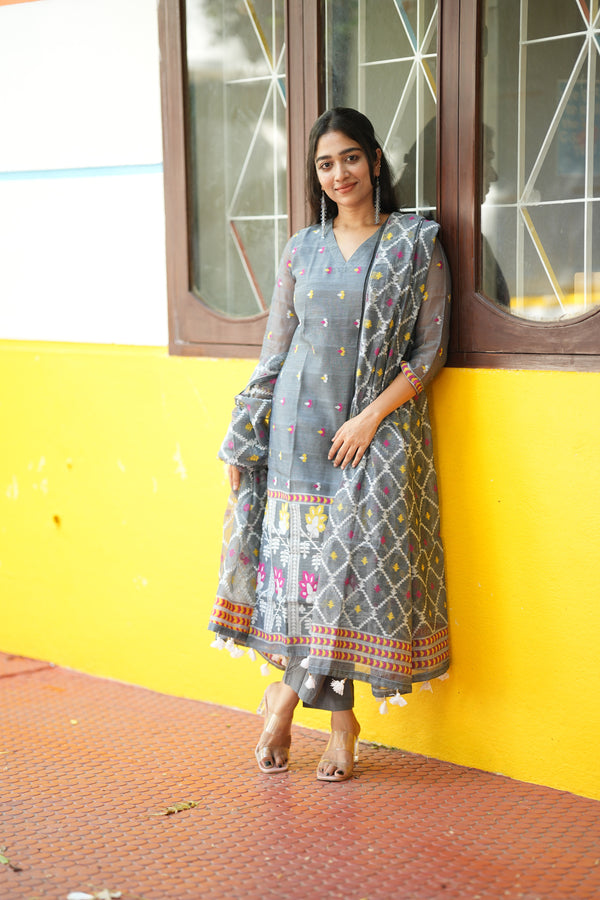 Grey Woven Grace Bloom Jamdani Charm
