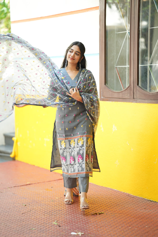 Grey Woven Grace Bloom Jamdani Charm