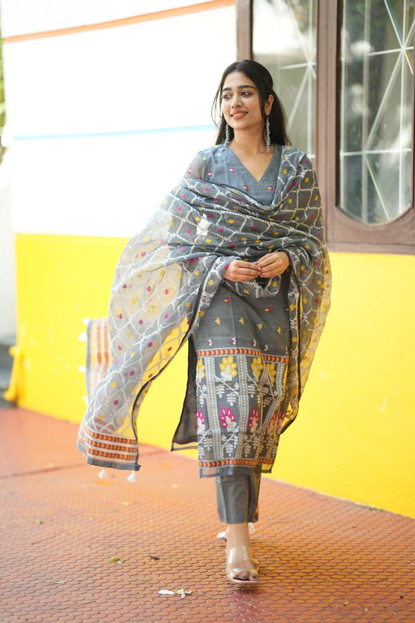 Grey Woven Grace Bloom Jamdani Charm