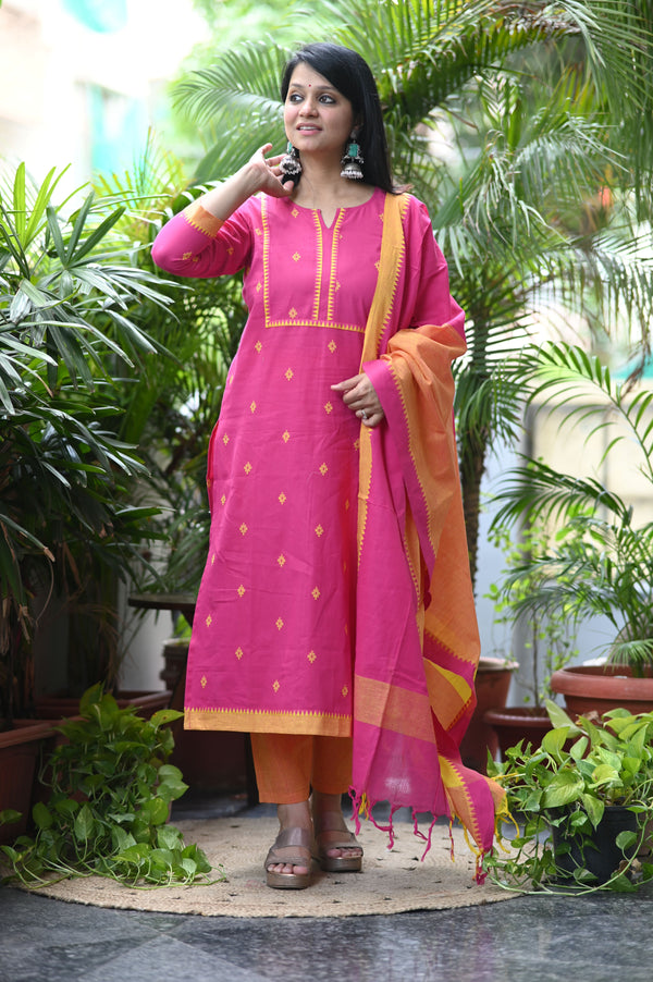 Sootra - Cotton Kurta Set with Woven Dupatta