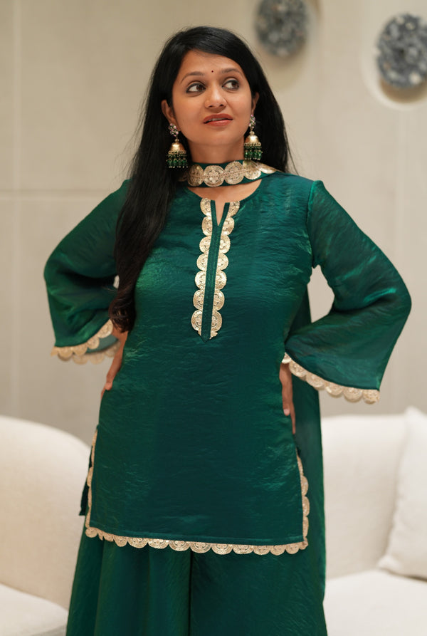 ✨Emerald Aura Royale Banarasi Tissue Silk Sharara Set