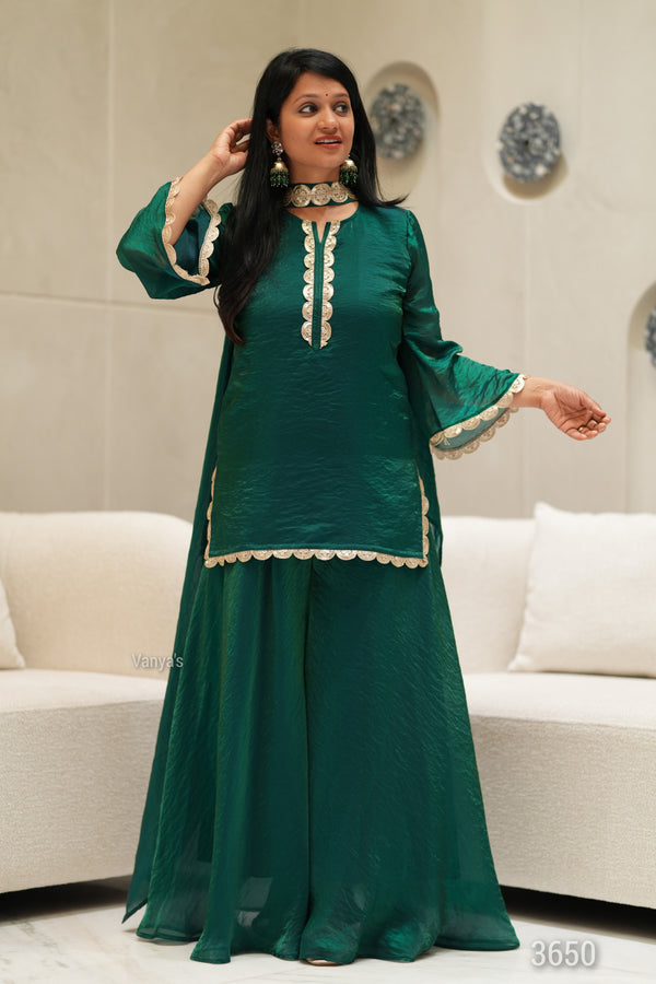 ✨Emerald Aura Royale Banarasi Tissue Silk Sharara Set