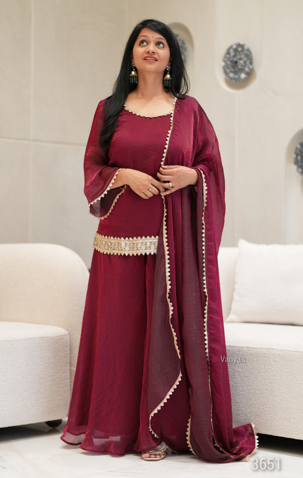 ✨Ruhani Royale Wine Banarasi Tissue Silk Sharara Set