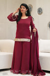 ✨Ruhani Royale Wine Banarasi Tissue Silk Sharara Set