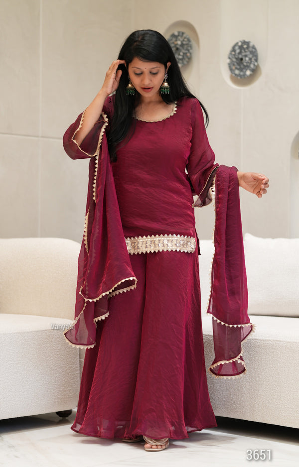 ✨Ruhani Royale Wine Banarasi Tissue Silk Sharara Set