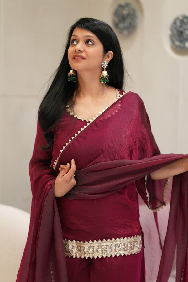 ✨Ruhani Royale Wine Banarasi Tissue Silk Sharara Set