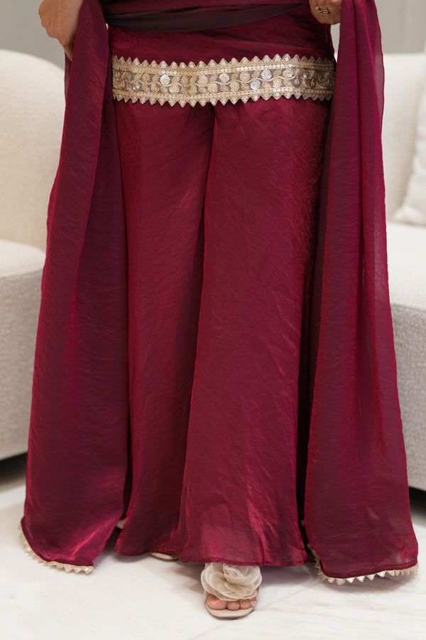 ✨Ruhani Royale Wine Banarasi Tissue Silk Sharara Set