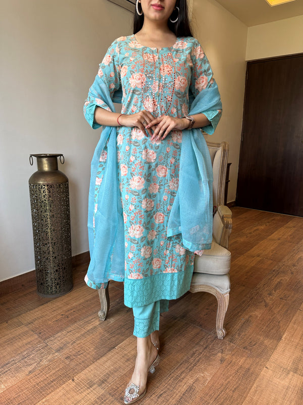 Charvi Aqua Floral Print Cotton Kurta Set