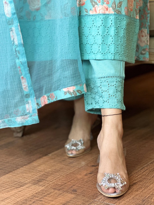 Charvi Aqua Floral Print Cotton Kurta Set