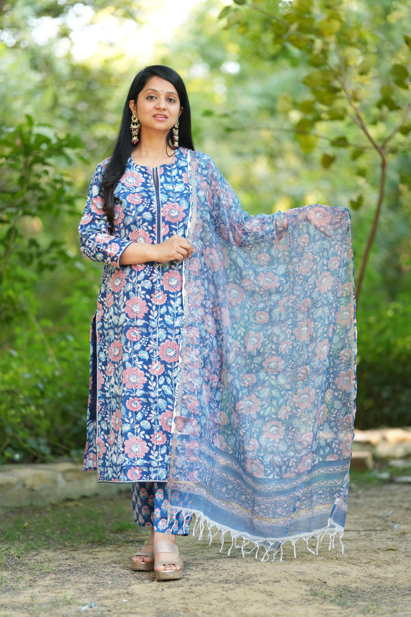 Vennila Schiffli Hand block Cotton Suit Set with Doria Dupatta