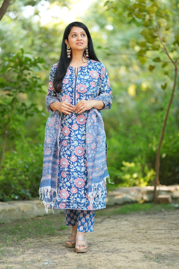 Vennila Schiffli Hand block Cotton Suit Set with Doria Dupatta