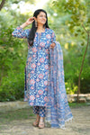 Vennila Schiffli Hand block Cotton Suit Set with Doria Dupatta