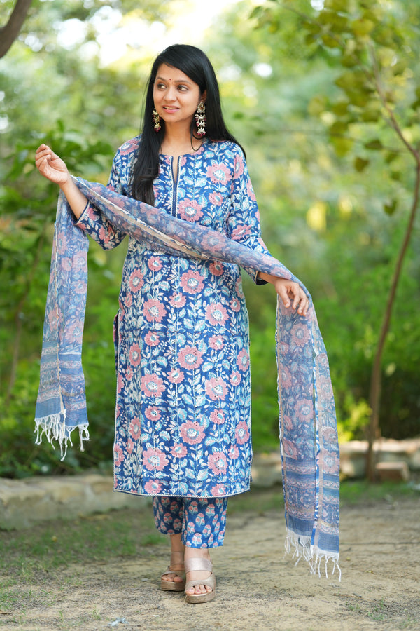 Vennila Schiffli Hand block Cotton Suit Set with Doria Dupatta
