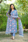 Vennila Schiffli Hand block Cotton Suit Set with Doria Dupatta