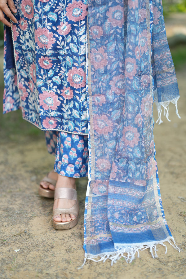 Vennila Schiffli Hand block Cotton Suit Set with Doria Dupatta