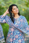 Vennila Schiffli Hand block Cotton Suit Set with Doria Dupatta