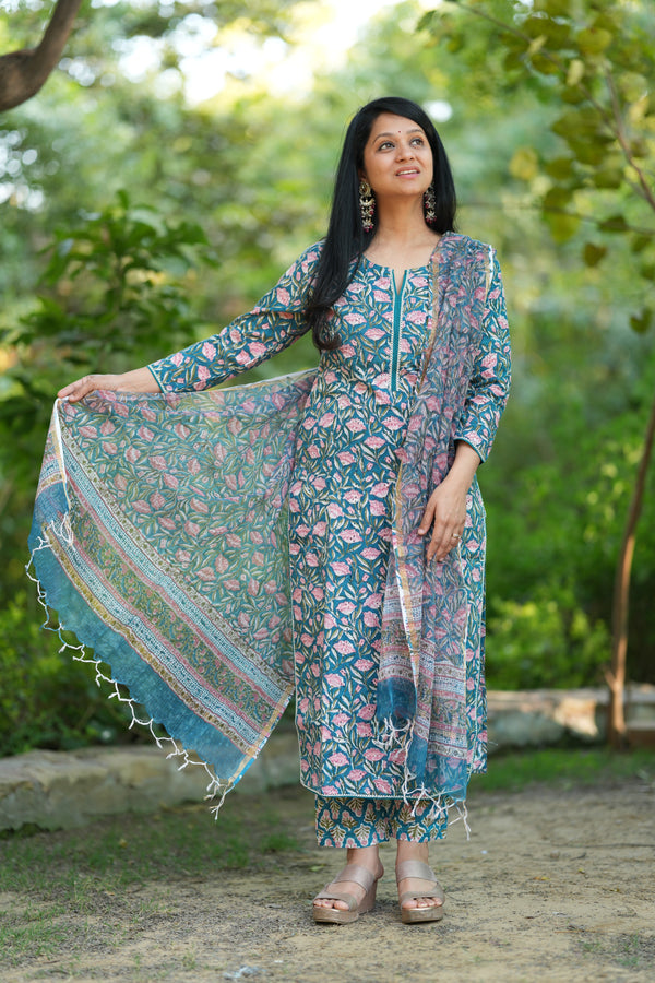 Thamarai Schiffli Hand block Cotton Suit Set with Doria Dupatta