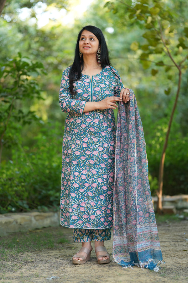 Thamarai Schiffli Hand block Cotton Suit Set with Doria Dupatta