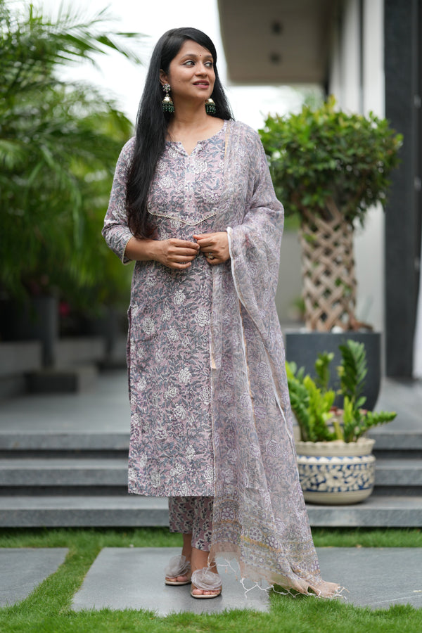 Aarini Schiffli Hand block Cotton Suit Set with Doria Dupatta